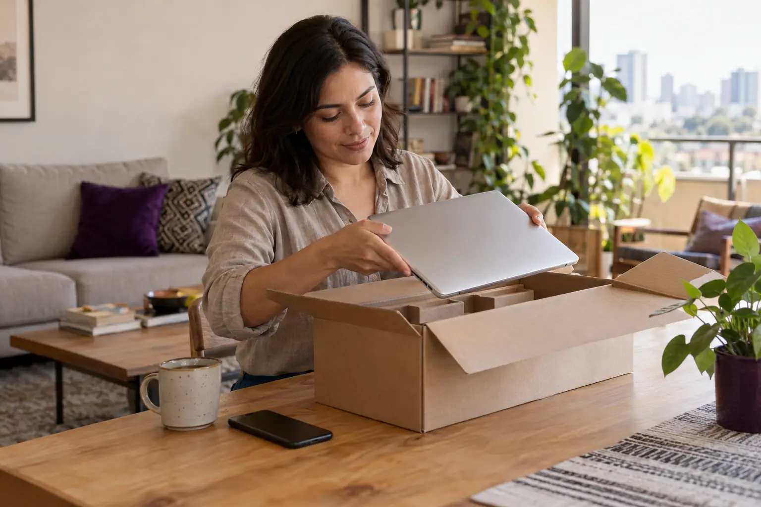 Una mujer abre en su sala la caja de envío de una laptop nueva
